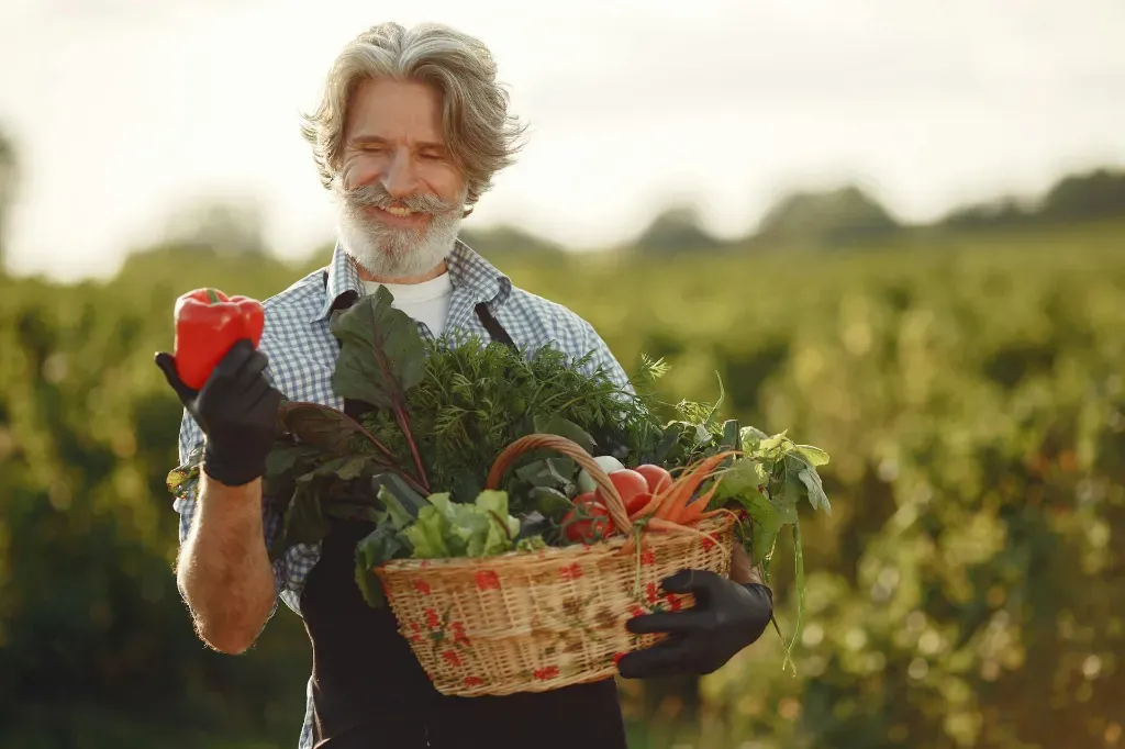 Mężczyzna prowadzący gospodarstwo ekologiczne ogląda swoje zbiory