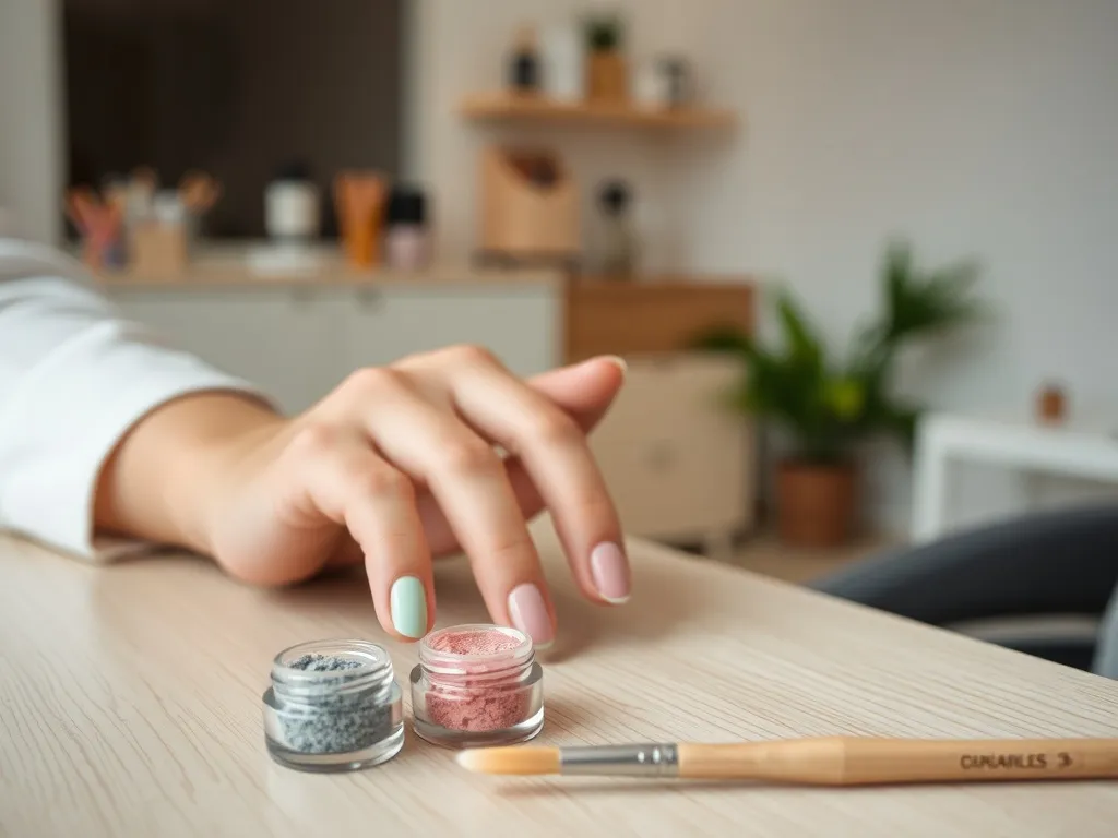 Dłoń kobiety z pastelowym manicure tytanowym, obok kolorowe pudry i pędzelek, w tle jasne, sterylne wnętrze salonu.