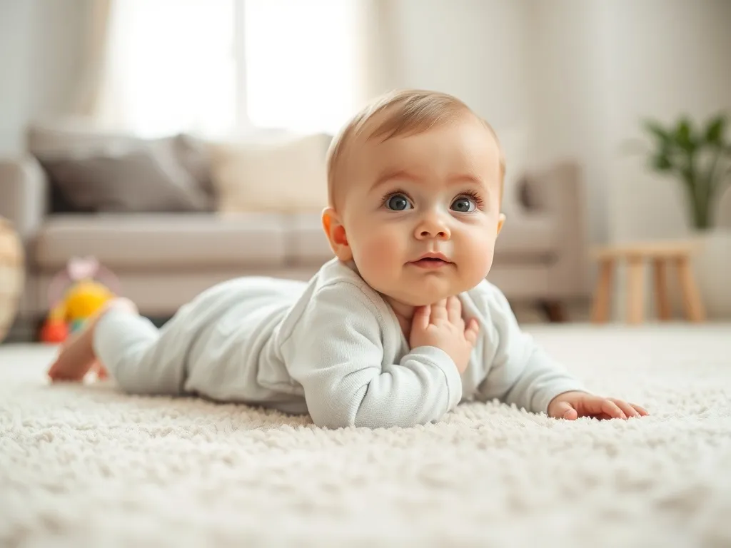Niemowlę leży na brzuszku na miękkim dywanie, unosi głowę i klatkę piersiową, ciekawie obserwując otoczenie.