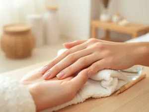 Zadbane dłonie po manicure japońskim, krótkie lśniące paznokcie o naturalnym różowym blasku w relaksującym spa.