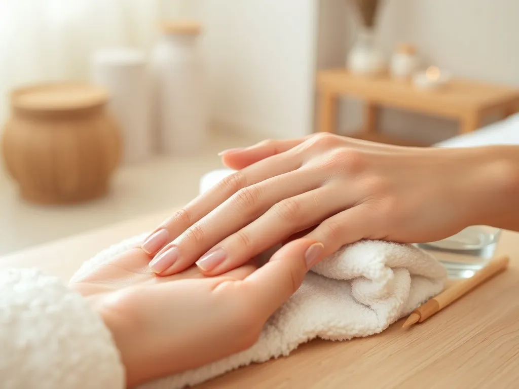 Zadbane dłonie po manicure japońskim, krótkie lśniące paznokcie o naturalnym różowym blasku w relaksującym spa.
