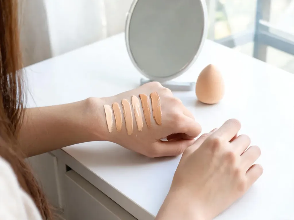 Dłonie kobiety testujące kilka odcieni płynnego podkładu na skórze, obok małe lusterko i gąbka do makijażu
