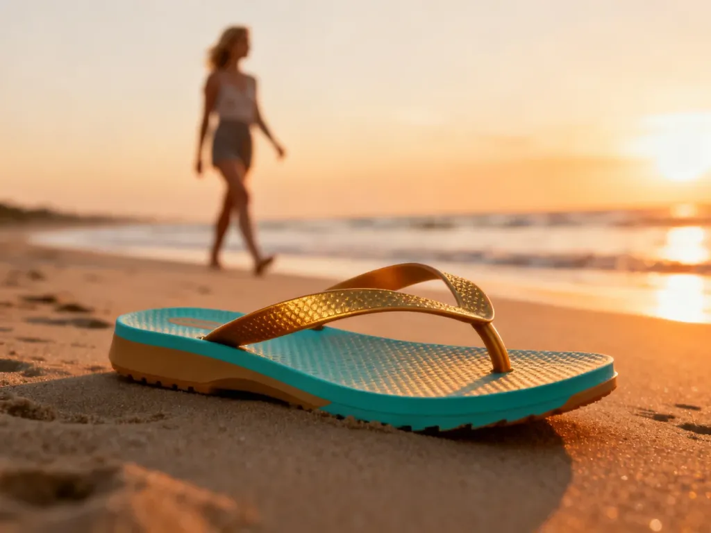 Stylowy gumowy klapek leżący na piaszczystej plaży o zachodzie słońca. W tle rozmyta sylwetka kobiety spacerującej brzegiem morza.