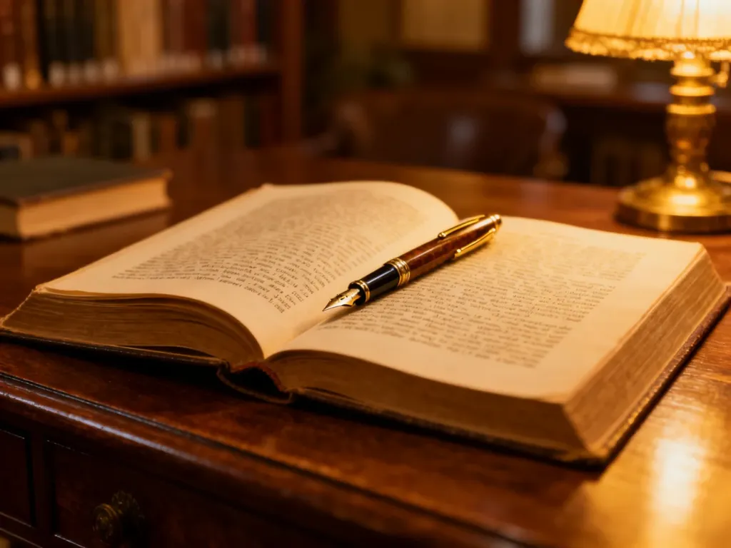 Otwarta książka i pióro wieczne na drewnianym biurku w przytulnej bibliotece, nawiązujące do tematyki poprawnej polszczyzny.