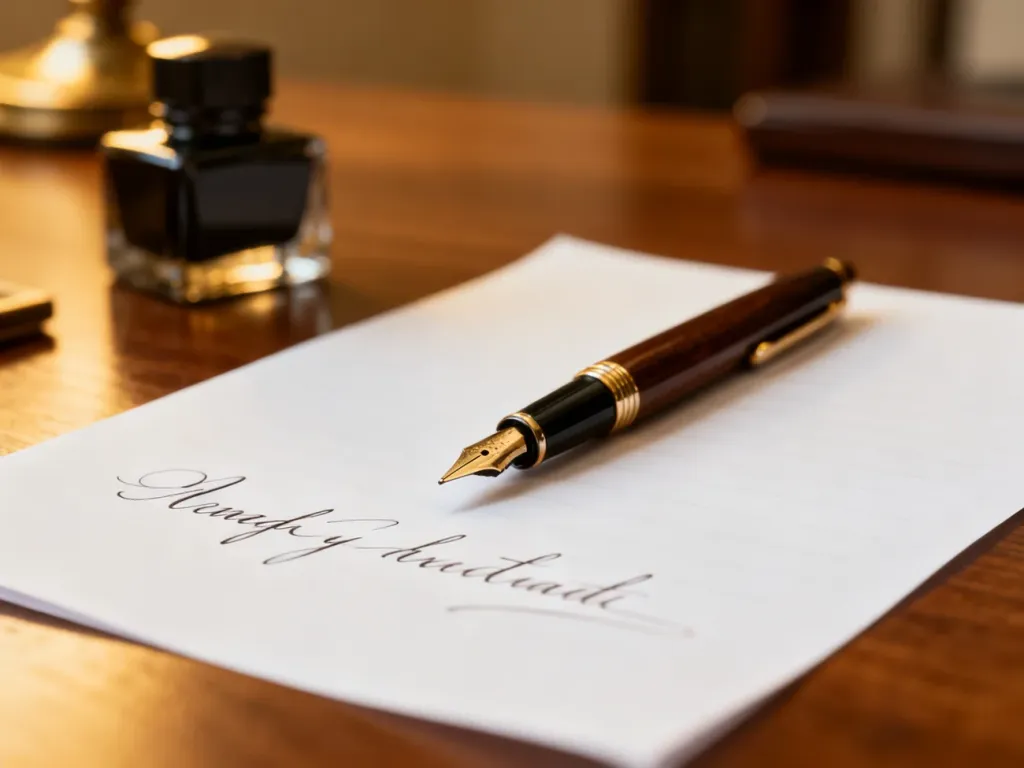 Eleganckie pióro wieczne na kartce papieru z kaligrafią, podkreślające staranność w pisaniu i dbałość o poprawność językową.