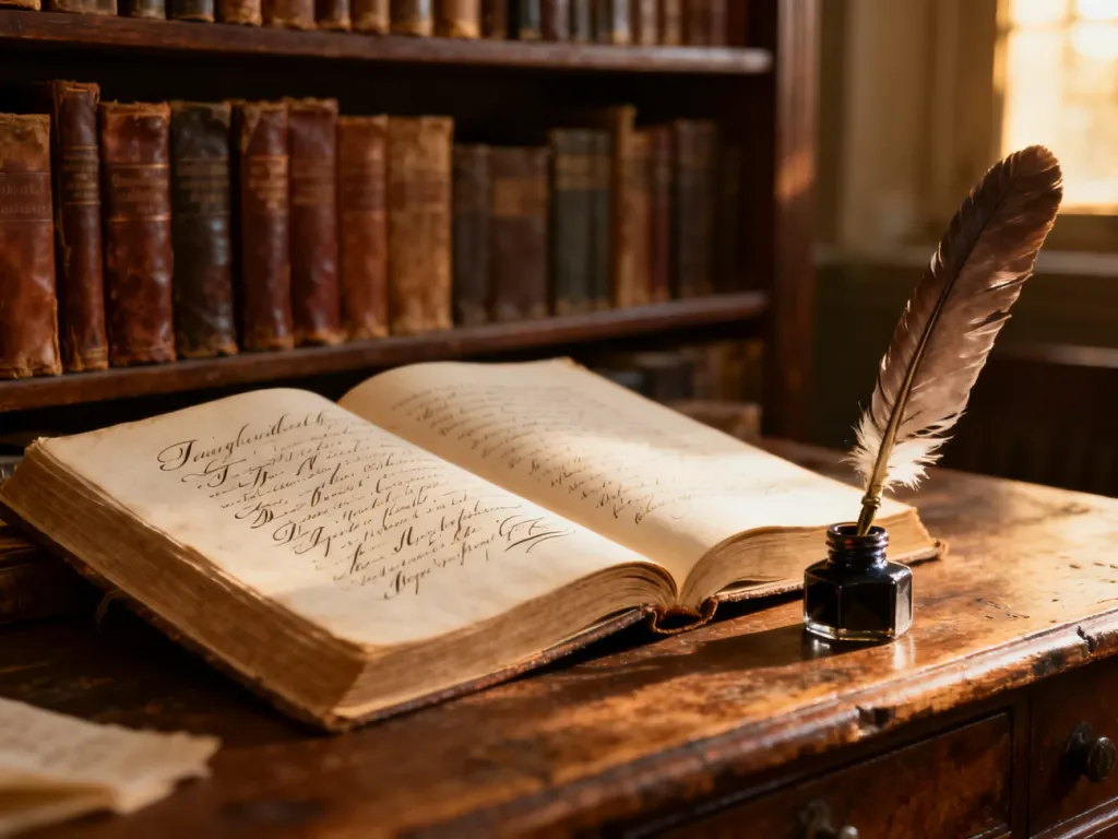 Otwarta zabytkowa księga z piórem i atramentem na drewnianym biurku, nawiązująca do tradycji języka i literatury.