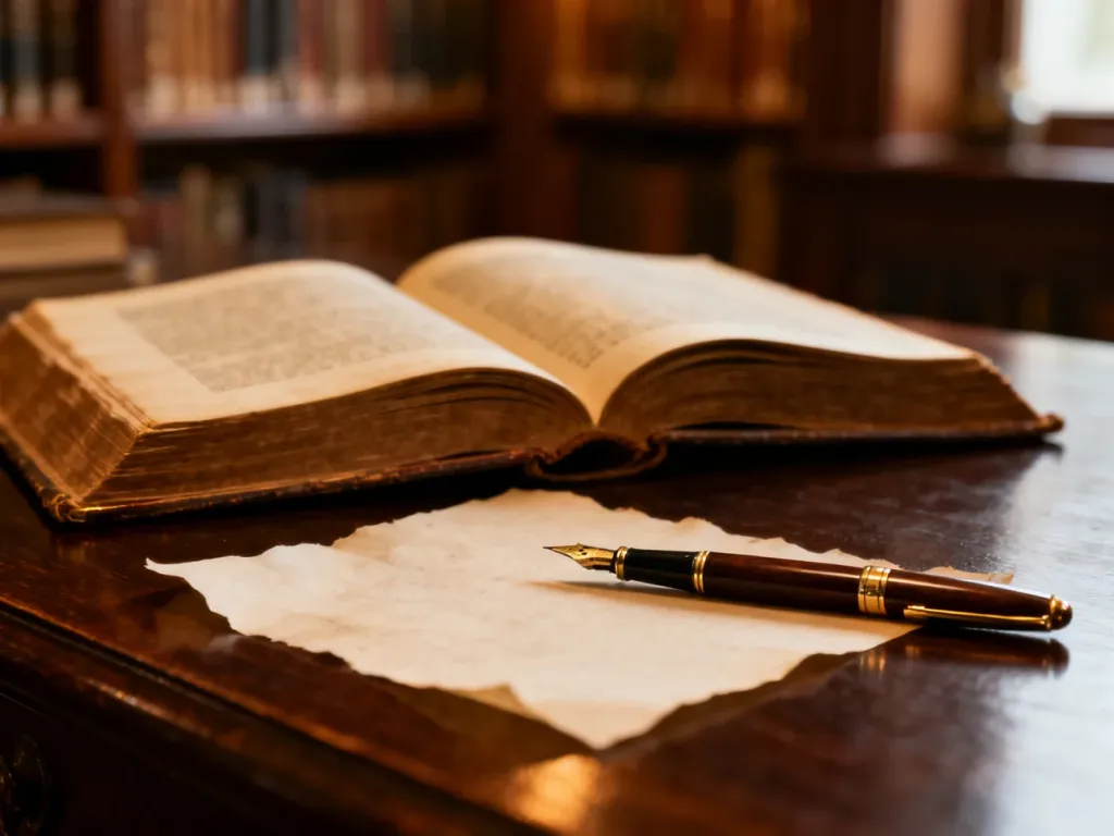 Otwarte zabytkowe książki i pióro wieczne na drewnianym biurku w przytulnej bibliotece, nawiązujące do tematyki pisania.