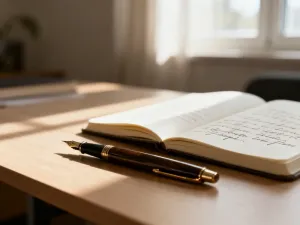Mężczyzna siedzący przy biurku z piórem w dłoni, wyglądający na zamyślonego podczas pisania w notatniku.