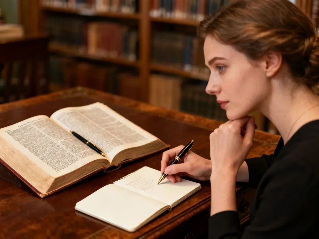 Kobieta przy biurku z otwartym słownikiem i notatnikiem, skupiona na pracy z językiem w przytulnym wnętrzu biblioteki.