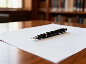 Skupiona kobieta z długopisem i notatnikiem w przytulnej bibliotece, symbolizująca proces nauki i poprawnego pisania.