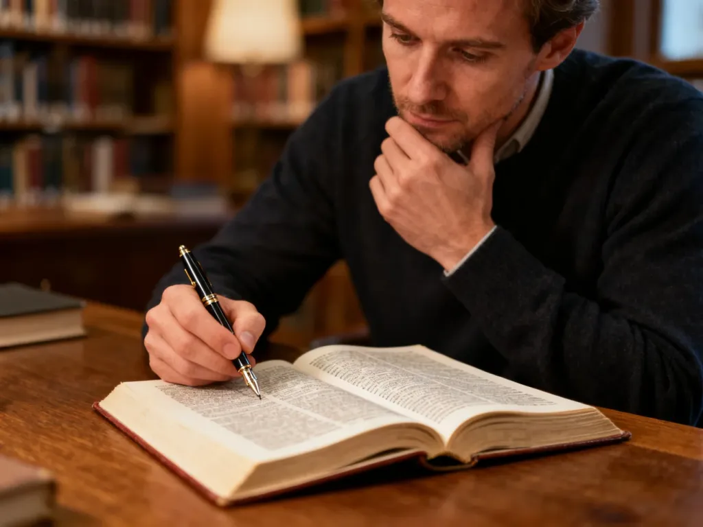 Mężczyzna zamyślony nad słownikiem przy biurku, szukający poprawnej pisowni wyrazów w przytulnej bibliotece.
