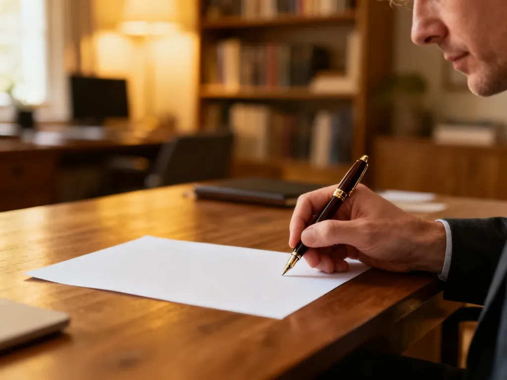 Osoba przy biurku z piórem w dłoni, zastanawiająca się nad zapisem na czystej kartce papieru.
