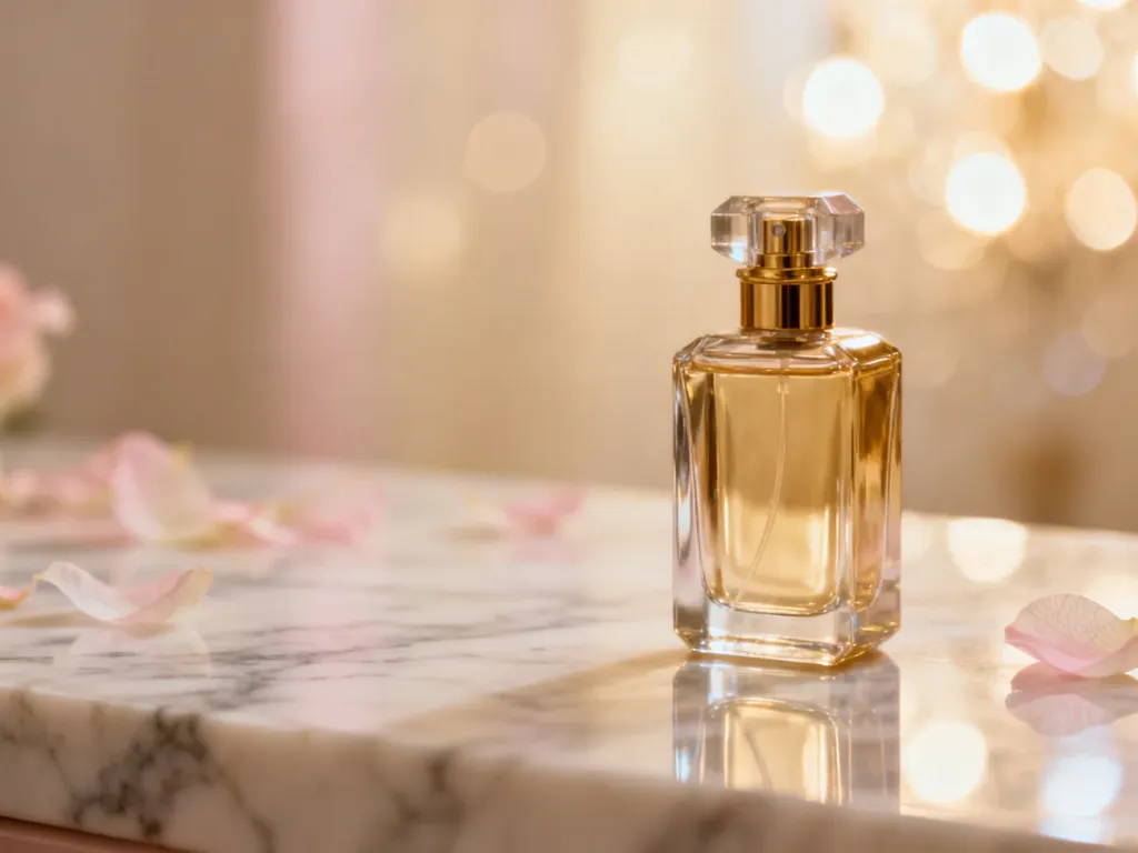 Elegancki flakon perfum na marmurowym blacie w otoczeniu kwiatowych płatków i miękkiego światła.
