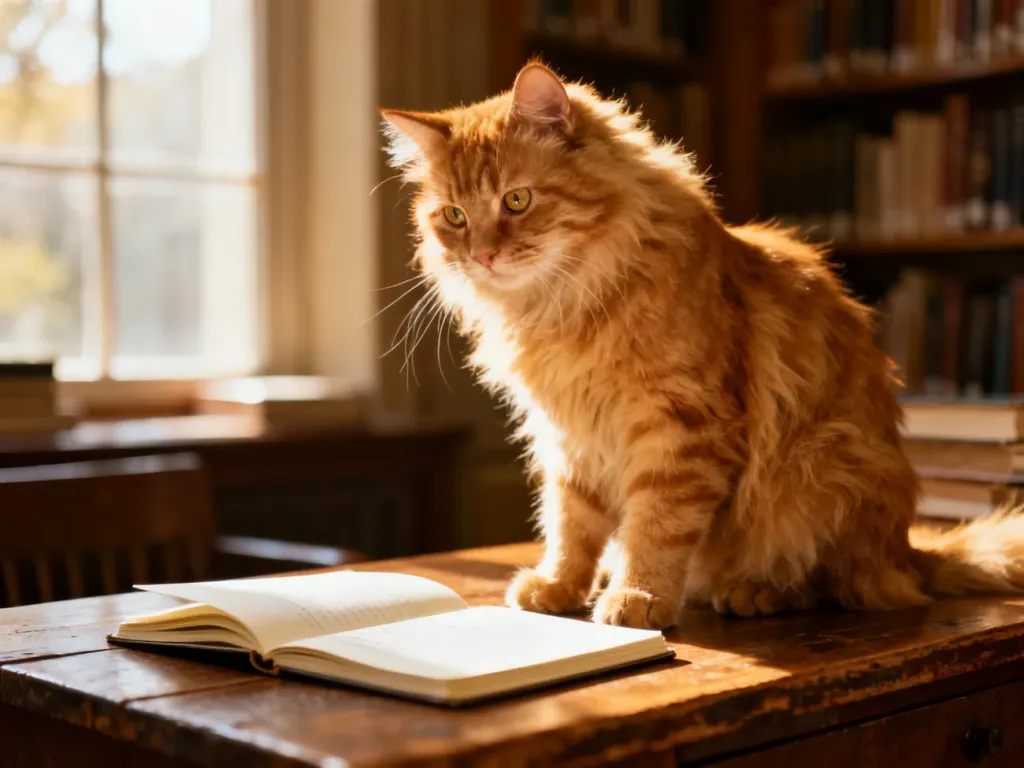 Puszysty rudy kot siedzi na drewnianym biurku i z zaciekawieniem patrzy na otwarty notatnik w przytulnej bibliotece.