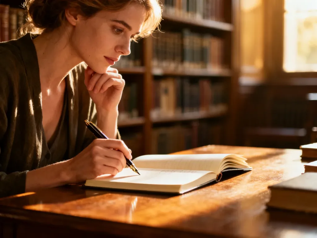 Kobieta przy biurku w bibliotece z piórem i notatnikiem, skupiona na pisaniu. Ilustracja do artykułu o odmianie imienia Sylwia.
