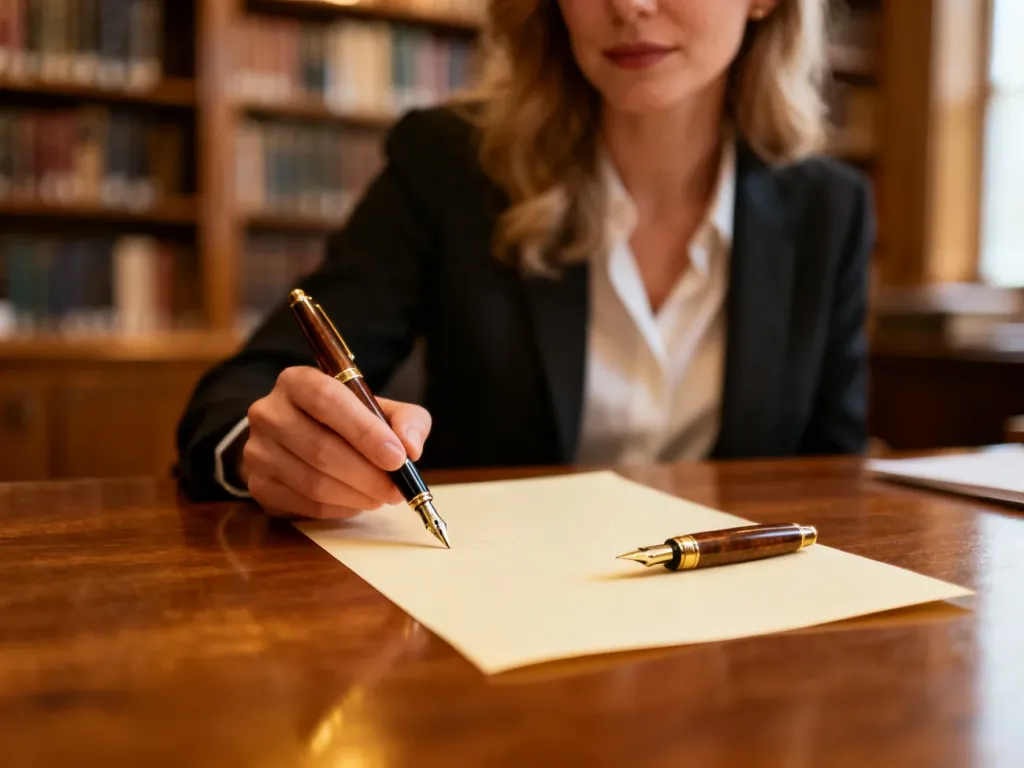 Kobieta przygotowuje się do pisania piórem na papierze, co podkreśla elegancję i staranność w używaniu języka.