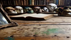 Minimalistyczne biurko z notatnikiem i lampką na tle przytulnej domowej biblioteczki, tworzące idealne miejsce do nauki.