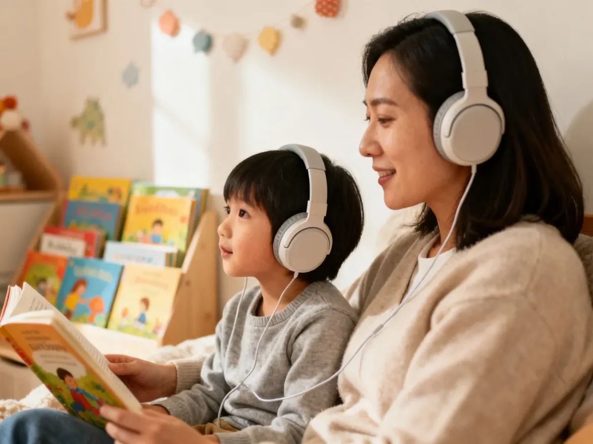 Dziecko słuchające audiobooka z rodzicem w przytulnym pokoju