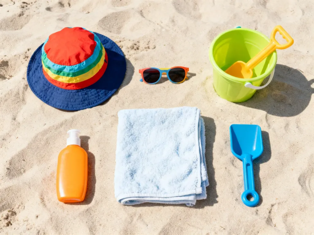 Zestaw niezbędnych akcesoriów plażowych dla dziecka, w tym kapelusz, krem z filtrem, ręcznik i zabawki do piasku.