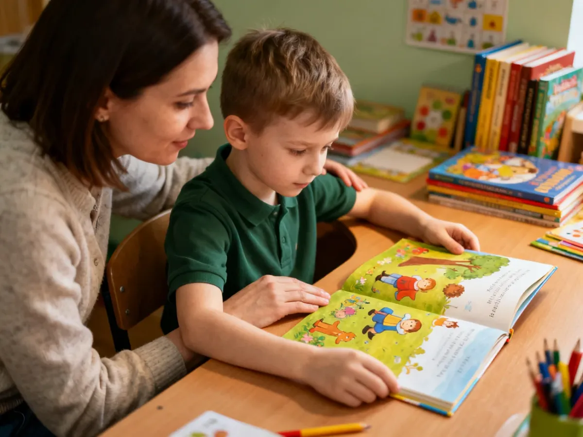 Dziecko z pierwszej klasy czytające książkę przy wsparciu dorosłego