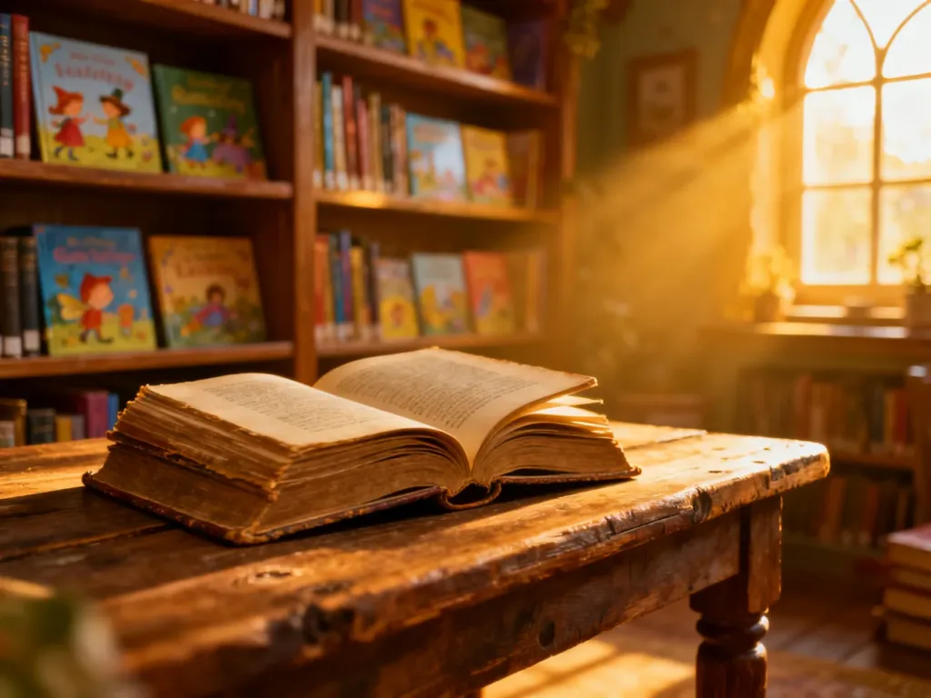 Przytulne wnętrze biblioteki z otwartymi książkami na drewnianym stole, tworzące inspirującą atmosferę do czytania.