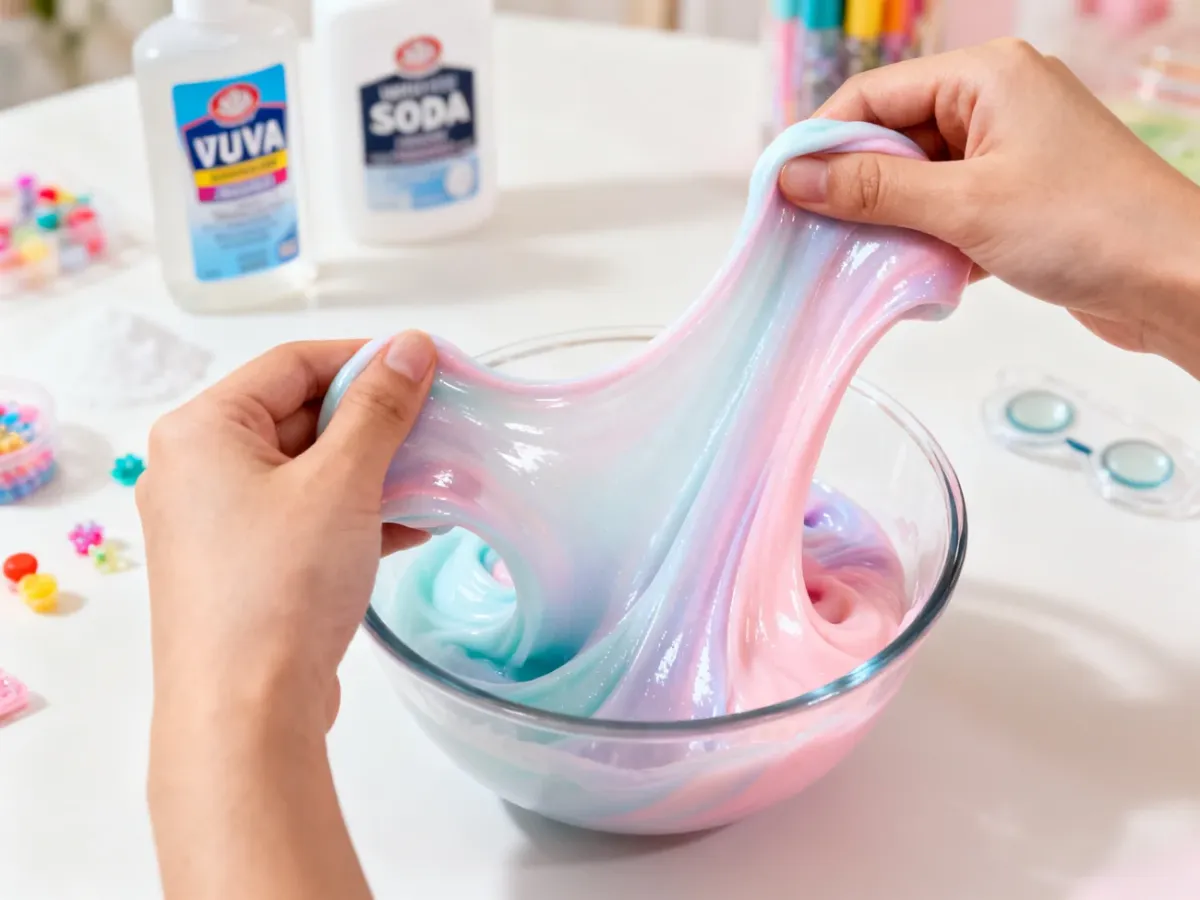 Dłonie rozciągające kolorowy slime przygotowany z kleju PVA