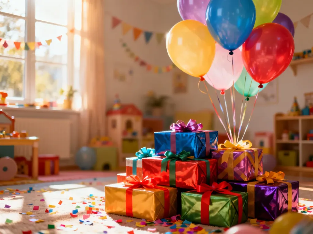 Kolorowe prezenty i balony w udekorowanym pokoju, tworzące radosną atmosferę urodzinowego przyjęcia dla dziecka.