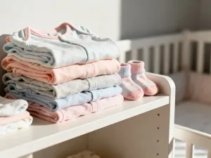 Wysokiej jakości nosidło i miękka chusta bawełniana leżące obok siebie na drewnianej podłodze w przytulnym pokoju dziecięcym.