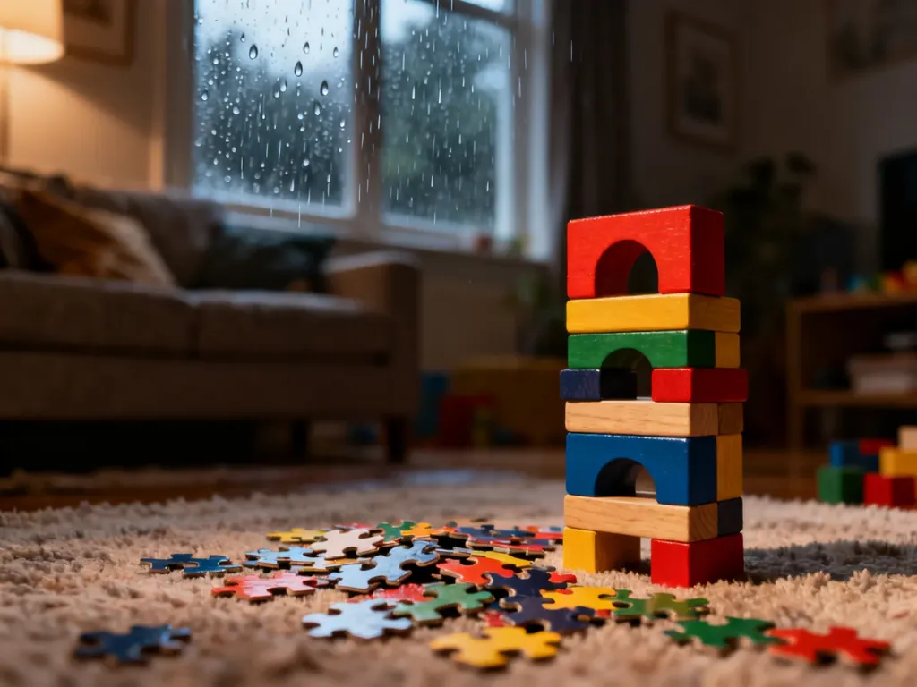 Kolorowe klocki i puzzle rozłożone na dywanie w przytulnym salonie podczas deszczowego popołudnia.