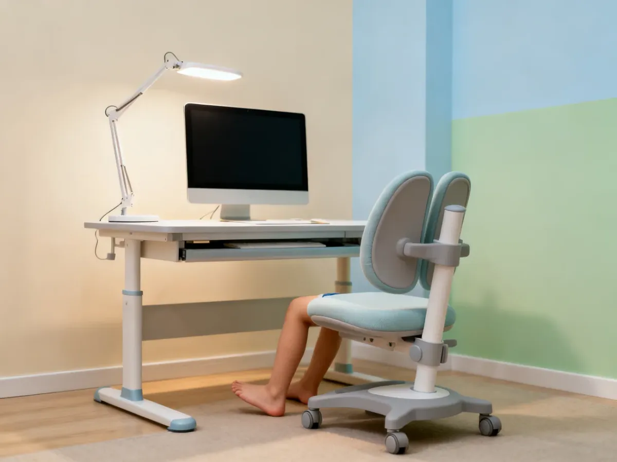Ergonomiczne stanowisko do nauki dziecka z regulowanym biurkiem i odpowiednim oświetleniem