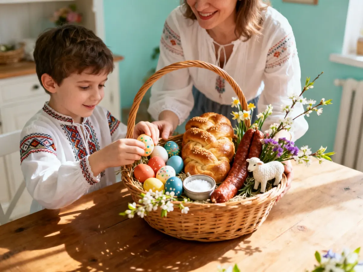 Dziecko układa tradycyjną święconkę w koszyczku