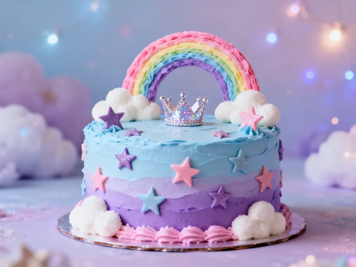 Pastelowy tort dziecięcy z dekoracjami w stylu bajkowego królestwa