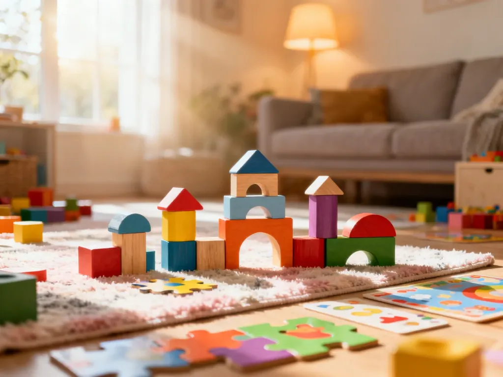 Przytulny pokój dzienny z kolorowymi klockami i edukacyjnymi puzzlami na podłodze, zachęcający do kreatywnej zabawy w domu.
