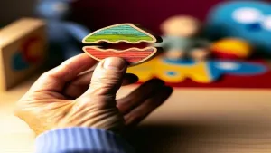Kolorowe książki o emocjach dla dzieci ustawione na drewnianej półce w przytulnym, słonecznym pokoju zabaw.