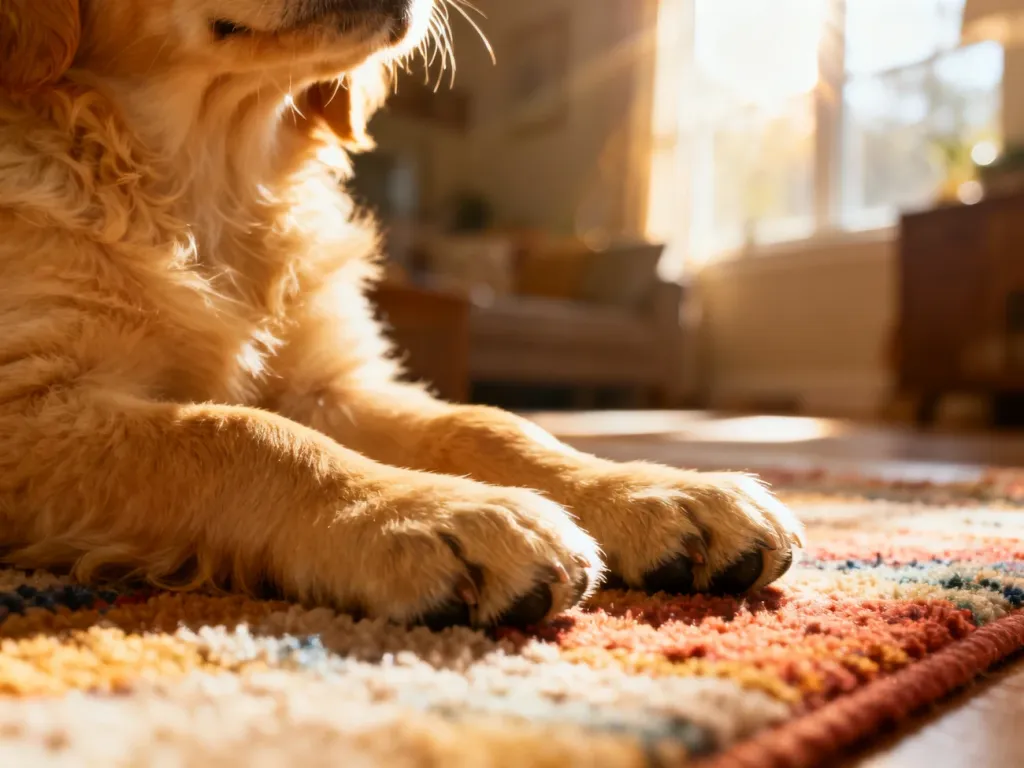 Słodkie łapki szczeniaka golden retrievera odpoczywające na miękkim dywanie, budzące pozytywne emocje.