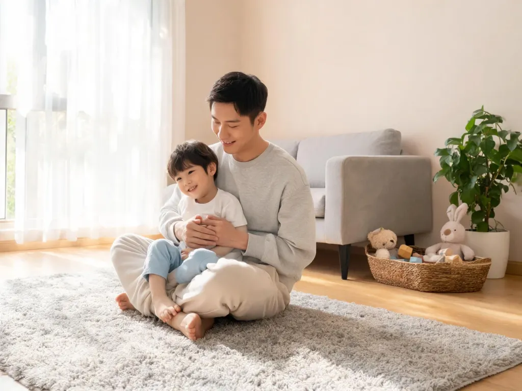 Spokojny rodzic siedzący z uśmiechniętym maluchem na dywanie w przytulnym salonie, w ciepłej, harmonijnej atmosferze