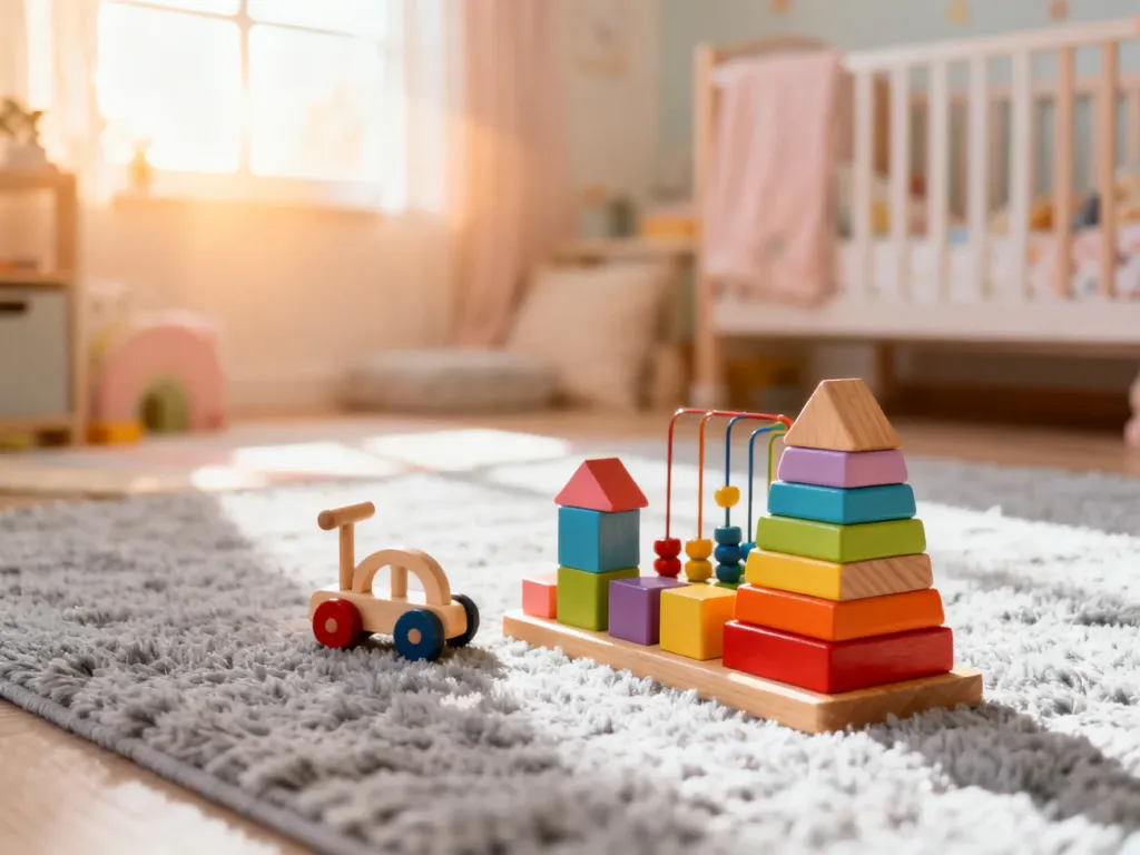 Kolorowy zestaw drewnianych zabawek edukacyjnych na dywanie, idealny pomysł na prezent dla dwulatka.