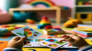 Kolorowy drewniany klocek z literą „A” na biurku, symbolizujący początek edukacji przedszkolnej w przyjaznym otoczeniu.