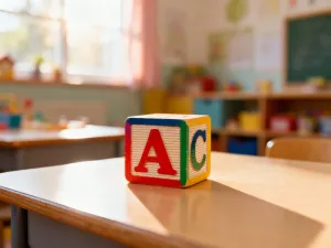 Przytulne, uporządkowane biurko dziecka z zeszytem i lampką, sprzyjające skupieniu podczas odrabiania lekcji.