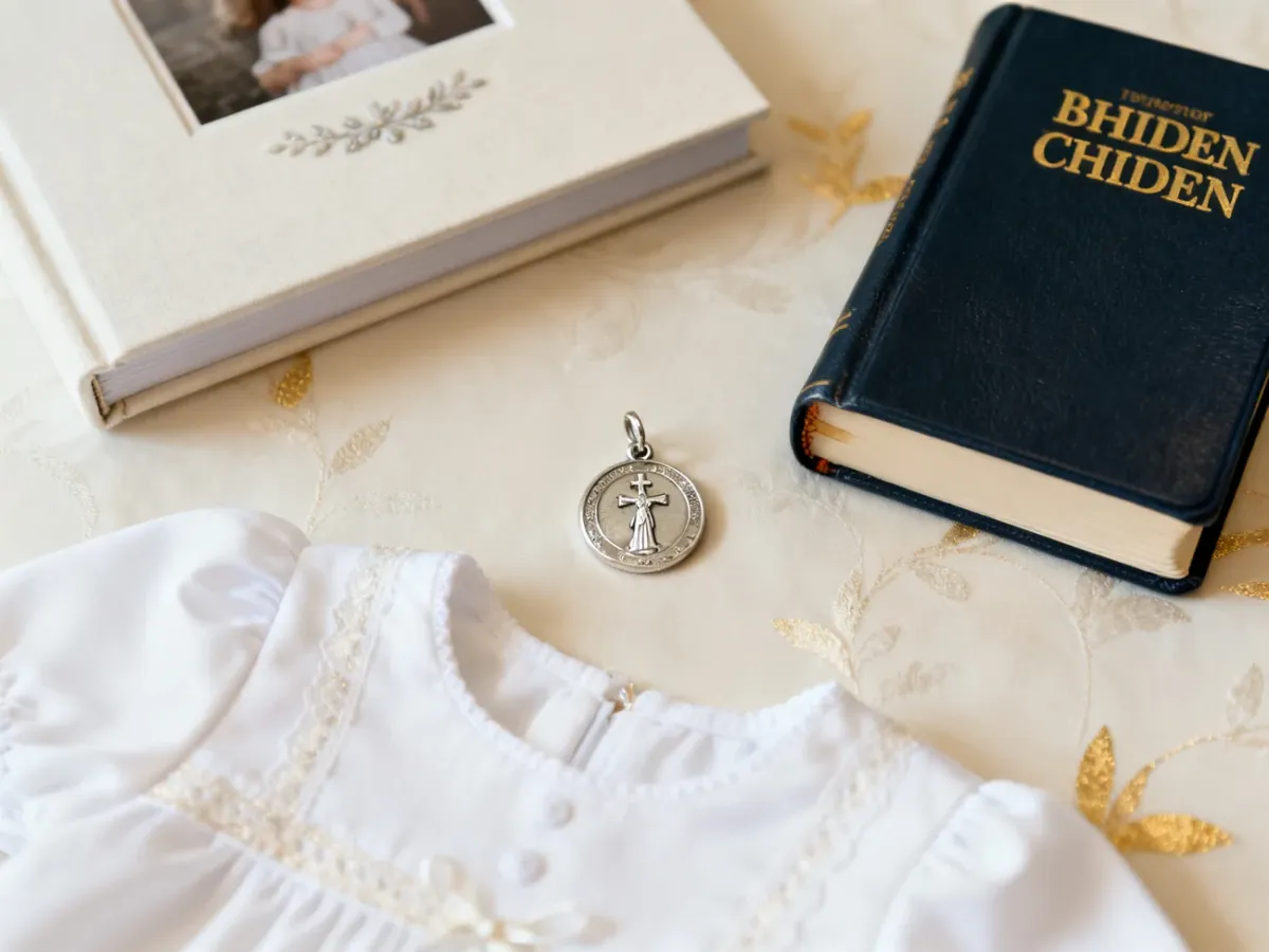 Religious baptism keepsakes including a medallion, children’s Bible, white garment, and photo album