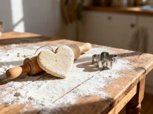 Kolorowy, własnoręcznie wykonany latawiec leżący na słonecznej, zielonej łące pod błękitnym niebem.