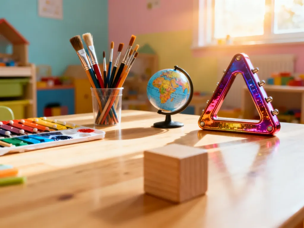 Kolorowe akcesoria do zajęć plastycznych, muzycznych i edukacyjnych na drewnianym stole w przytulnym pokoju dziecięcym.