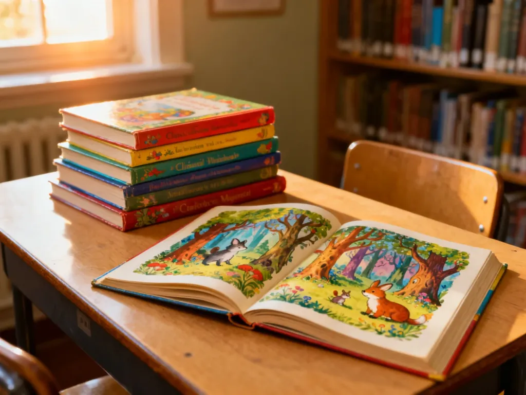 Stos kolorowych książek dla dzieci na szkolnej ławce oraz otwarta lektura z ilustracjami w przytulnej bibliotece.