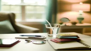 Kolorowy plecak dziecięcy z wyprawką szkolną, taką jak kredki, zeszyt i kapcie, przygotowany na podłodze w pokoju.