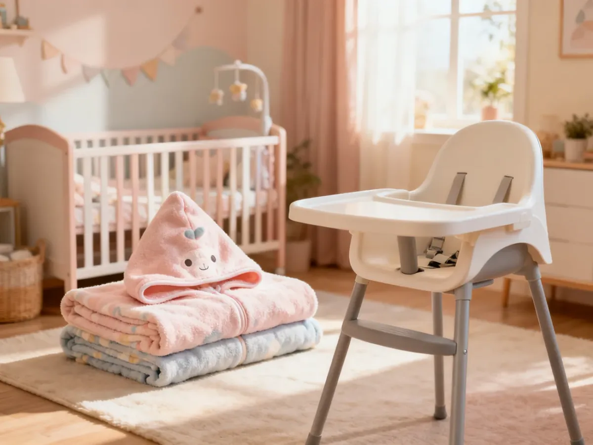 Practical baby gifts including a blanket, hooded towel, and high chair