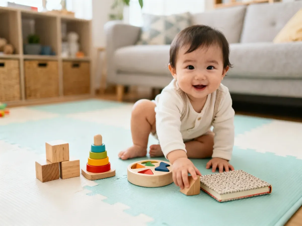 Roczne dziecko bawiące się klockami, kubeczkami i książką sensoryczną
