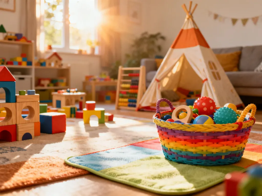 Przytulny kącik zabaw dla dziecka w salonie z edukacyjnymi drewnianymi zabawkami, miękkimi klockami i namiotem tipi.
