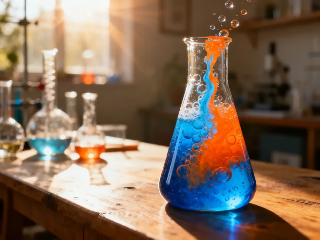 Kolorowa, pieniąca się reakcja chemiczna w szklanej zlewce, prezentująca fascynujący eksperyment naukowy dla dzieci.