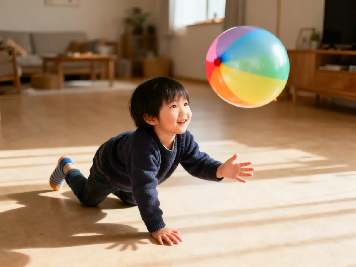 Dziecko odbijające kolorowy balon, aby nie spadł na podłogę