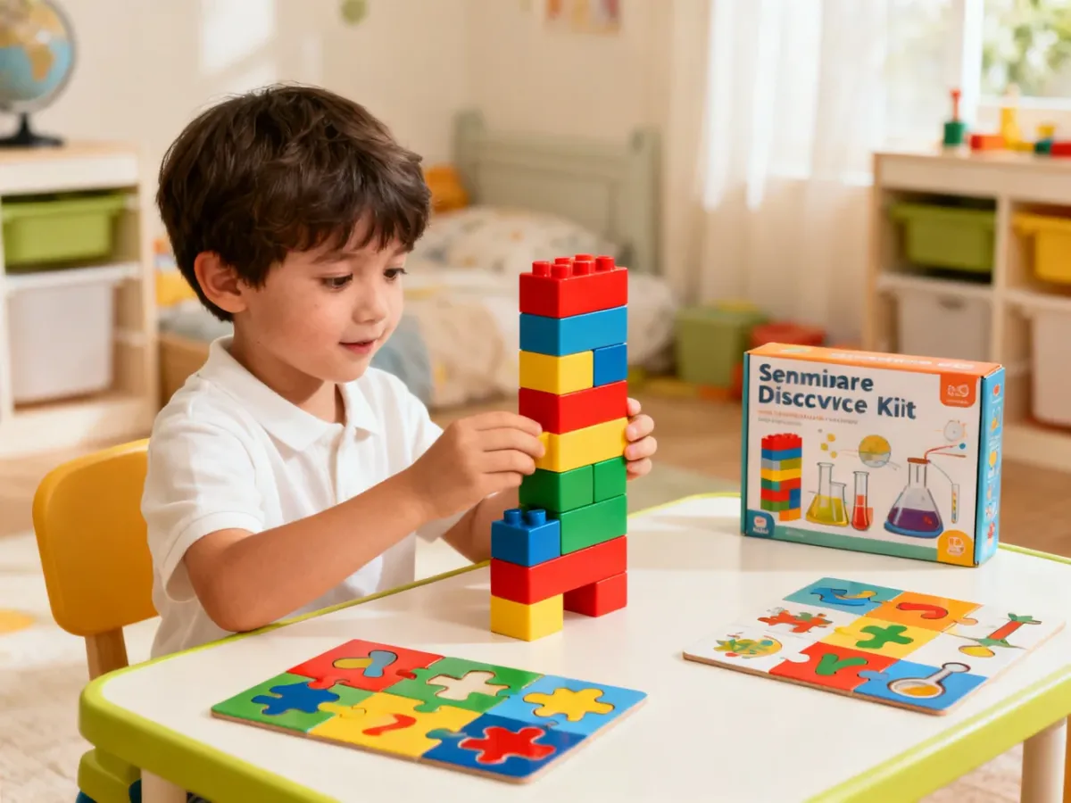 Dziecko budujące konstrukcję z klocków obok puzzli i zestawu małego odkrywcy